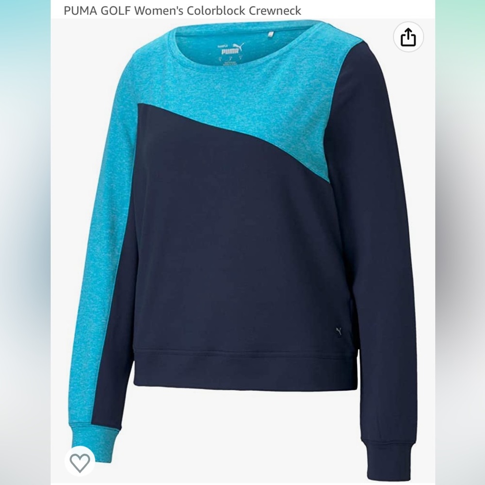PUMA GOLF Women’s Colorblock Crewneck- - Blazer Navy & Scuba Blue Heather Size M